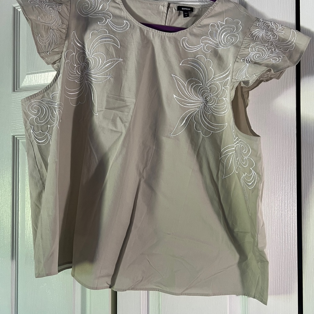 Express Dark Tan Boxy Embroidered  Blouse